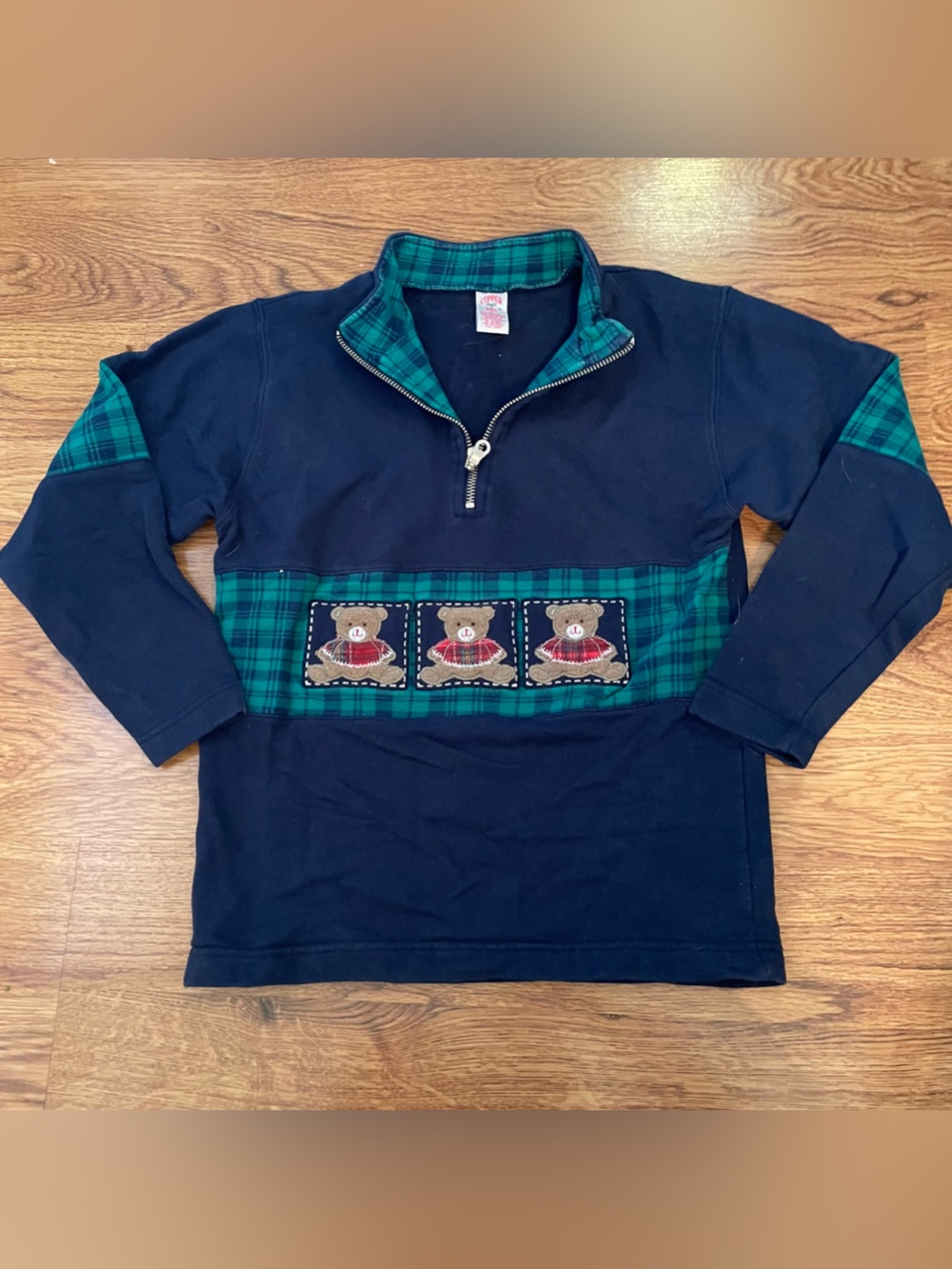Vintage 90s Copper Key Kids Navy & Green Plaid Teddy Embroidered Pullover Shirt